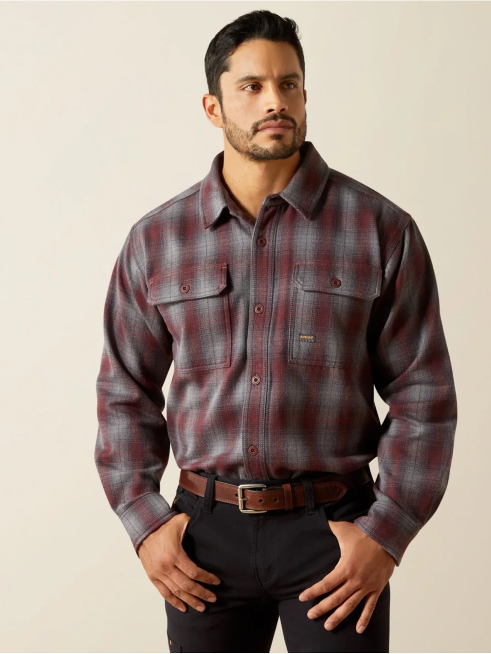 Ariat red and gray plaid thick flannel shirt